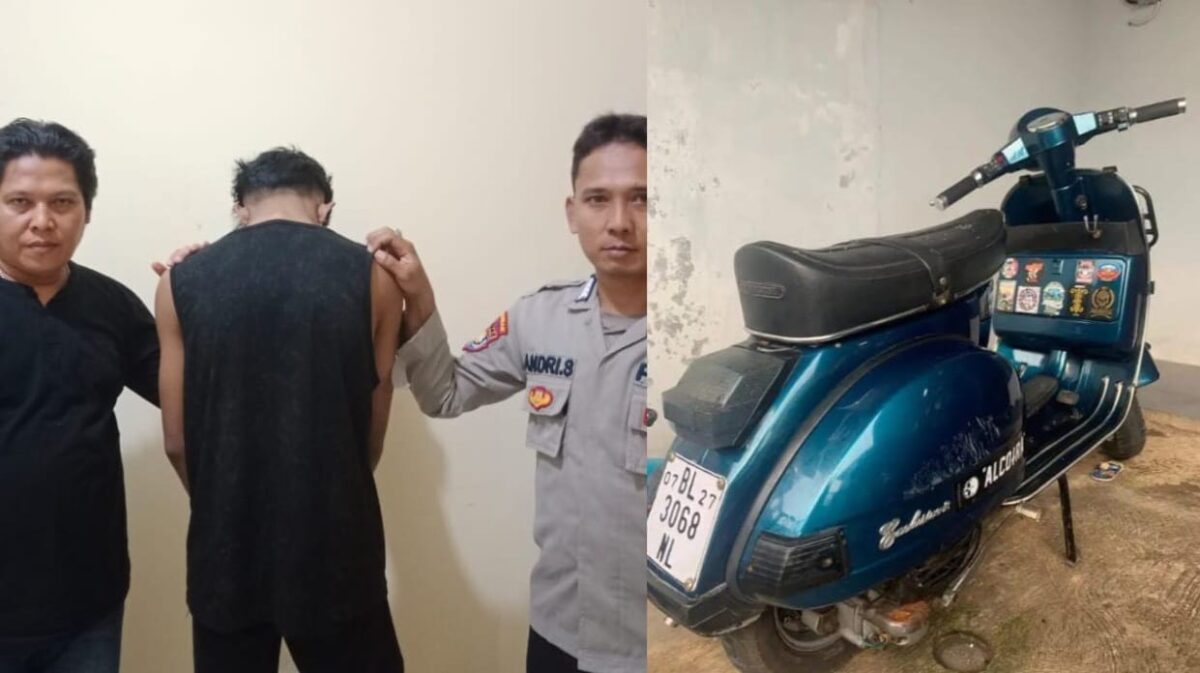 Kolase Foto Tersangka dan Barang Bukti Motor Vespa Yang Berhasil Ditangkap Polsek Talang Padang, Tanggamus Bersama Warga, Jumat 12 April 2024. Foto : Polres Tanggamus.