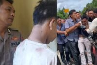 Kolase Foto saat Tersangka Diamankan di Polsek Kota Agung, Sabtu 13 April 2024 dan saat Diamuk Massa Usai Ditangkap Warga, Kamis 11 April 2024. Foto : Herdi/Media Prioritastv.com.