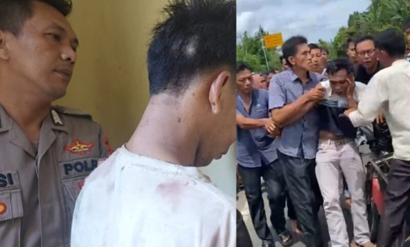 Kolase Foto saat Tersangka Diamankan di Polsek Kota Agung, Sabtu 13 April 2024 dan saat Diamuk Massa Usai Ditangkap Warga, Kamis 11 April 2024. Foto : Herdi/Media Prioritastv.com.