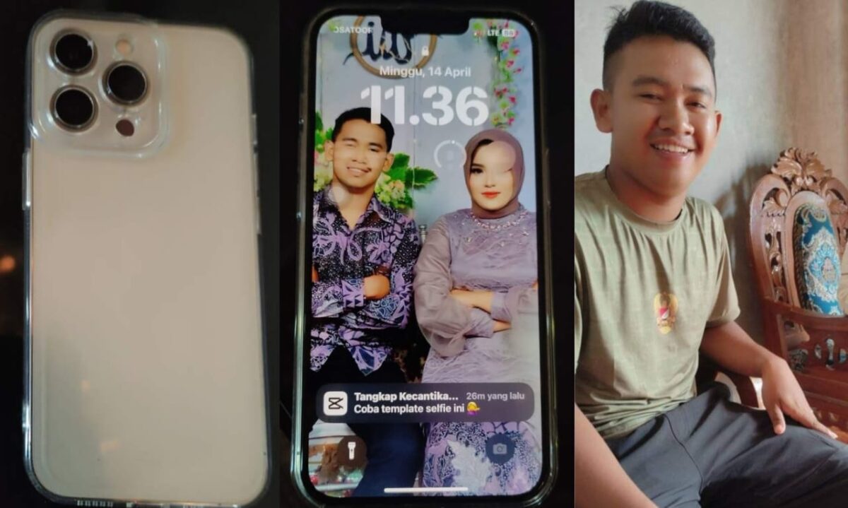 Kolase Foto Handphone Iphone, Latar Belakang dan Pemilik saat Mengambil HP tersebut, Minggu 14 April 2024. Foto : Facebook San Dee.