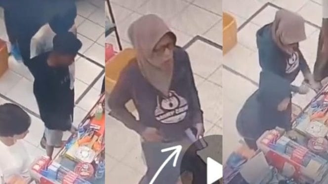Kolase Foto saat Pemilik meninggalkan HP dan saat Wanita Berkacamat Meraih HP Tersebut, Minggu 14 April 2024. Foto : Tangkapan Layar Video.