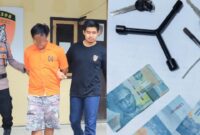 Kolase Foto saat Tersangka Digiring ke Sel Tahanan Polsek Gading Rejo dan Barang Bukti Alat Bobol Motor serta Uang Palsu Yang Disita Darinya, Kamis 9 Mei 2024. Foto : Polres Pringsewu.