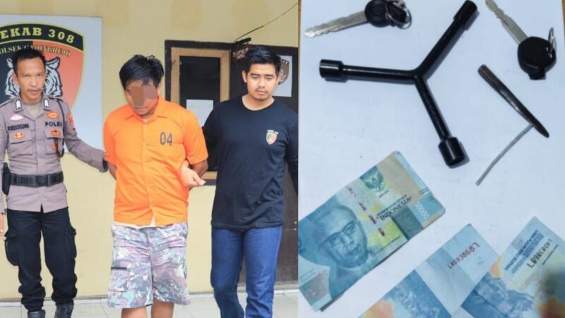 Kolase Foto saat Tersangka Digiring ke Sel Tahanan Polsek Gading Rejo dan Barang Bukti Alat Bobol Motor serta Uang Palsu Yang Disita Darinya, Kamis 9 Mei 2024. Foto : Polres Pringsewu.