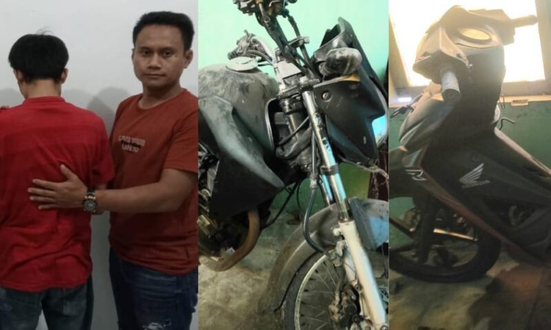 Kolase Foto Tersangka RWS dan Dua Sepeda Motor Yang Berhasil Disita Polisi saat Penangkapan Pelaku Curanmor, Kamis 9 Mei 2024. Foto : Polres Tanggamus.
