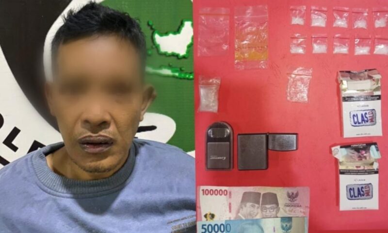 NG Bandar Sabu Berikut Barang Bukti Sabu, Timbangan Digital dan Uang Tunai saat Diamankan di Polres Pringsewu. Foto : Humas Polres Pringsewu 