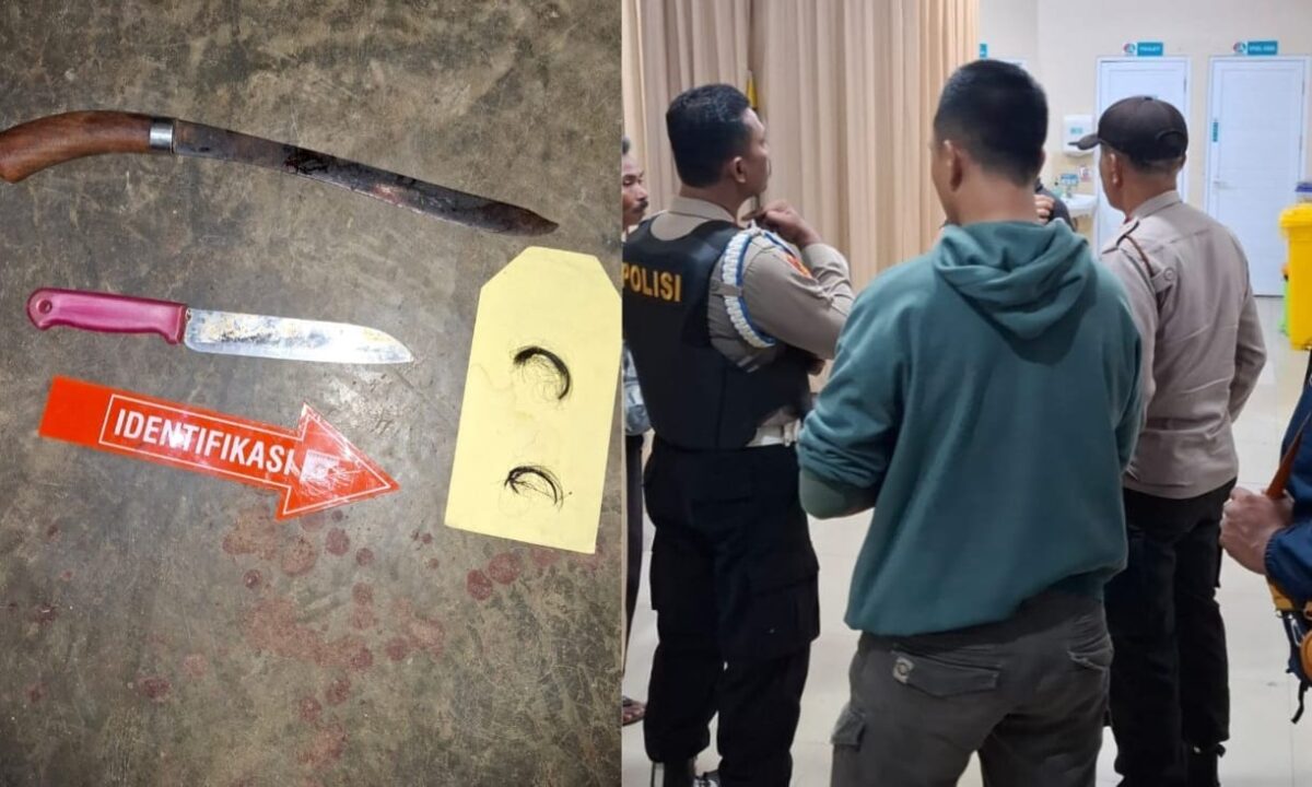 Barang Bukti Penganiayaan dan saat Polisi Melakukan Penjagaan Pelaku Pembacokan Ibu Kandung, Rabu 6 Juni 2024. Foto : Polres Pringsewu.