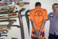 Barang bukti alat perdukunan dan tersangka setelah ditangkap polisi, Jumat 21 Juni 2024. Foto : Polres Pringsewu.