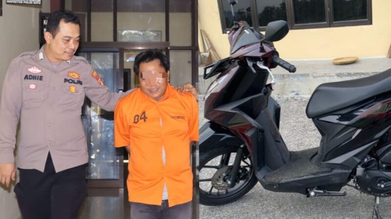 Kolase Foto Tersangka SL dan Sepeda Motor yang Berhasil Diamankan Polisi, Selasa 2 Juli 2024. Foto : Polres Pringsewu.