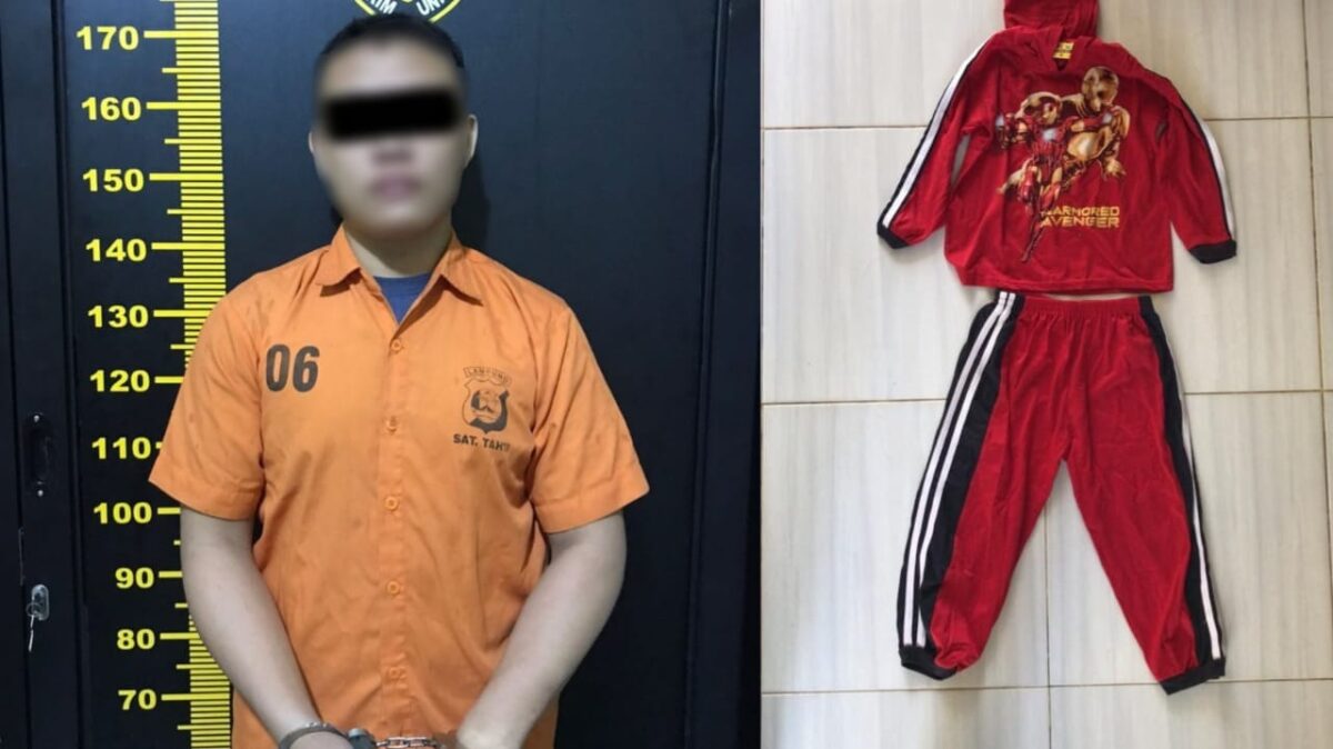 Kolase foto tersangka ADS dan barang bukti pakaian korban yang diamankan polisi, Jumat 5 Juli 2024. Foto : Polres Pesawaran.