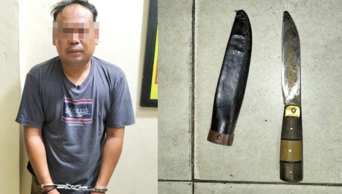 Tersangka JE dan barang bukti senjata tajam yang diamankan polisi, Kamis 11 Juli 2024. Foto : Polresta Bandar Lampung.