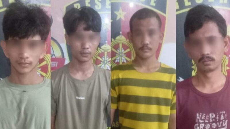 Empat tersangka bajing L
loncat yang ditangkap polisi, Sabtu 13 Juli 2024. Foto : Polresta Bandar Lampung.