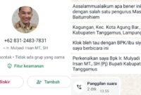 Nomor WhatsApp mengatasnamakan Pj. Bupati Tanggamus. Dok. Istimewa.