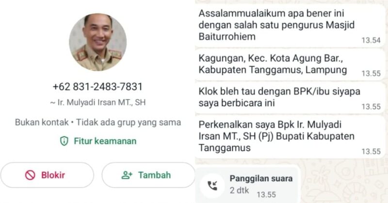 Nomor WhatsApp mengatasnamakan Pj. Bupati Tanggamus. Dok. Istimewa.