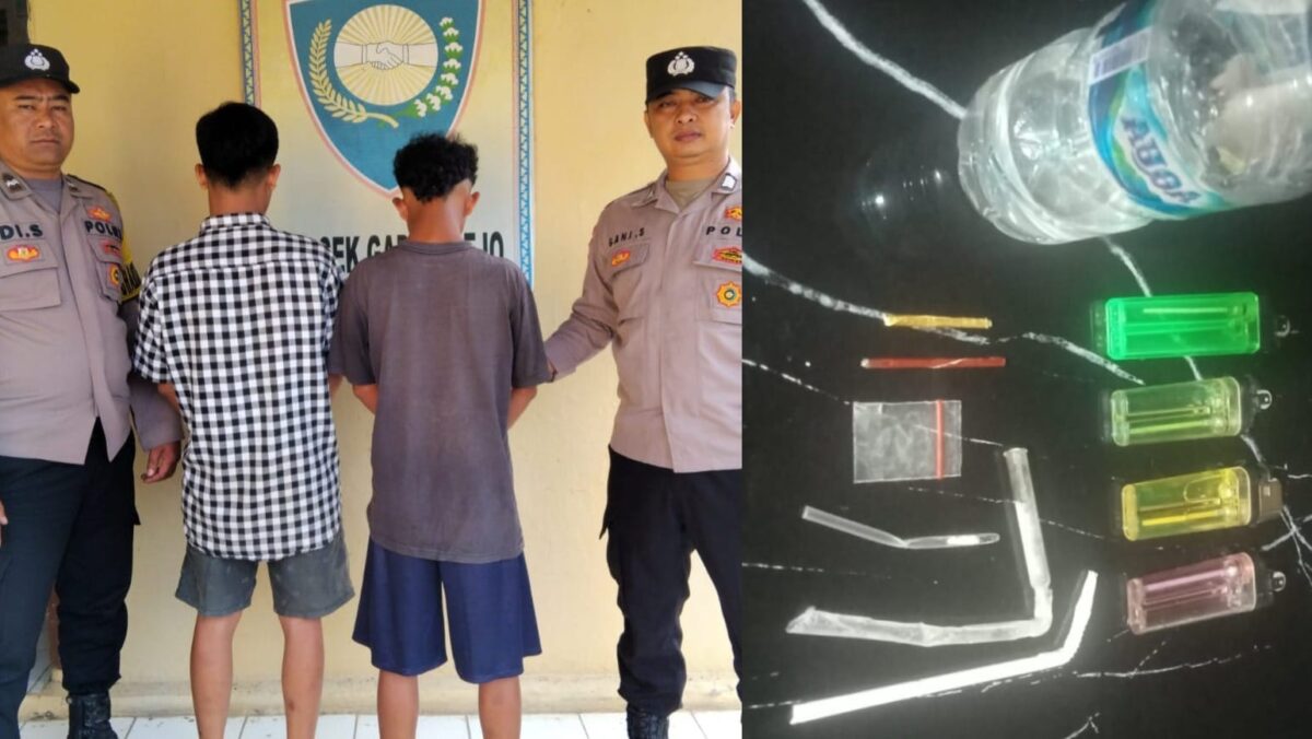 Kedua tersangka dan barang bukti saat diamankan Polsek Gading Rejo, Senin 22 Juli 2024. Foto : Polres Pringsewu.