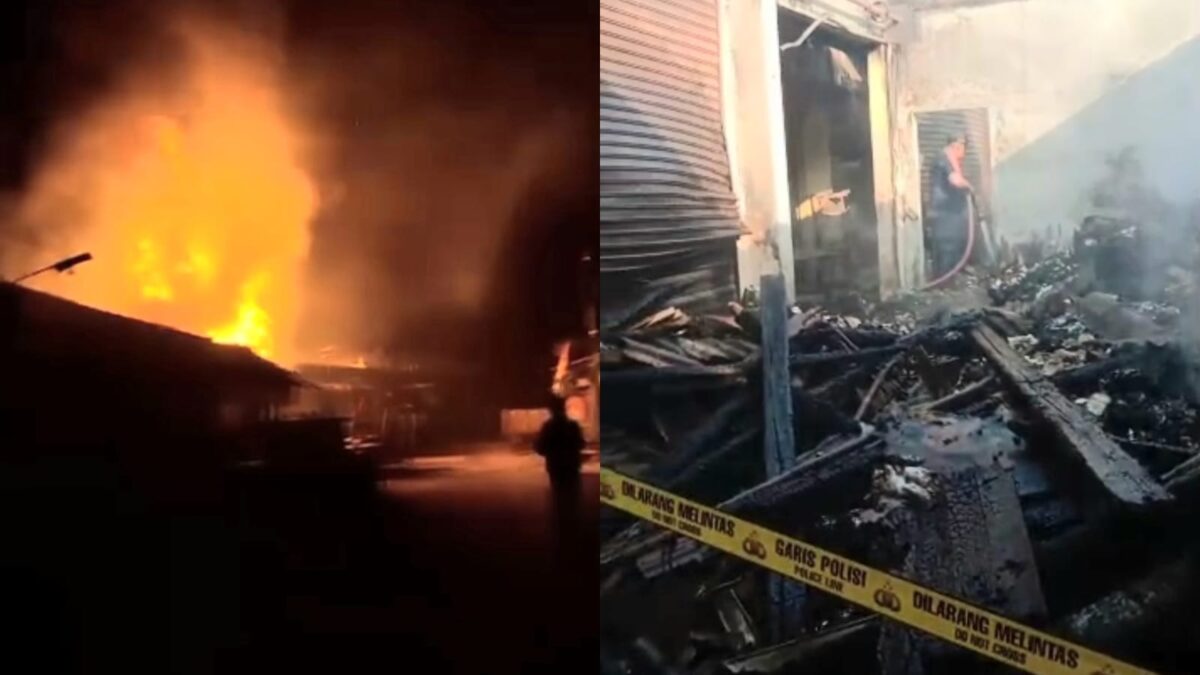 Kolase foto kebakaran dan saat petugas Damkar melakukan pendinginan di Pasar Gading Rejo, Pringsewu, Jumat 26 Juli 2024. Foto : Tangkapan Layar Video.