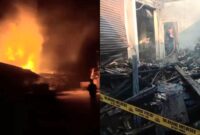 Kolase foto kebakaran dan saat petugas Damkar melakukan pendinginan di Pasar Gading Rejo, Pringsewu, Jumat 26 Juli 2024. Foto : Tangkapan Layar Video.