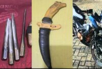 Barang bukti kunci T, Sajam dan sepeda motor hasil curian yang diamankan polisi, Jumat 26 Julo 2024. | Foto : Polres Tanggamus.