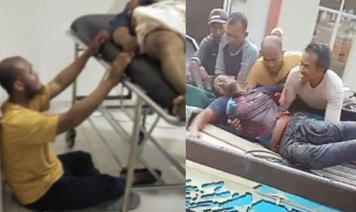 Arfan Gunawan saat mengangkat korban dan bersimpuh disisi jasad korban di RS Mitra Husada, Pringsewu sebelum diamankan polisi, Jumat 26 Juli 2024. Foto : Istimewa.