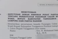 Surat Rekomendasi Partai NasDem B1-KWK ke Moh. Saleh Asnawi dan Agus Suranto.