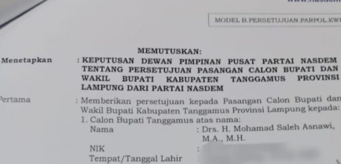 
 Surat Rekomendasi Partai NasDem B1-KWK ke Moh. Saleh Asnawi dan Agus Suranto.