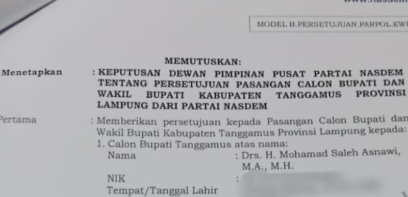 Surat Rekomendasi Partai NasDem B1-KWK ke Moh. Saleh Asnawi dan Agus Suranto.