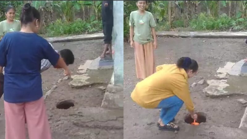 Kolase foto warga melihat dan mengambil air sumur tiban di Dusun Tegal Rejo, Pekon Dadi Rejo, Wonosobo, Tanggamus | Tangkapan Layar Video.