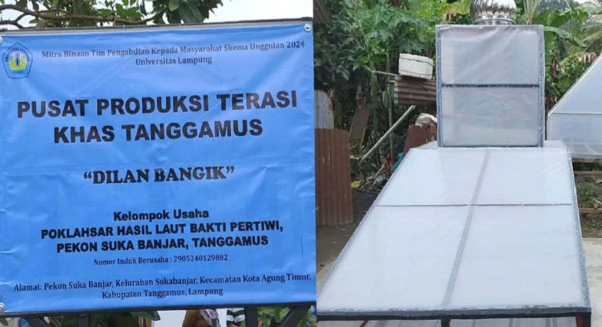 Kolase foto plang UKM dan bantuan alat pengering portabel dari Fakultas Pertanian Unila, Rabu 7 Agustus 2024 | Herdi/Media Prioritastv.com.