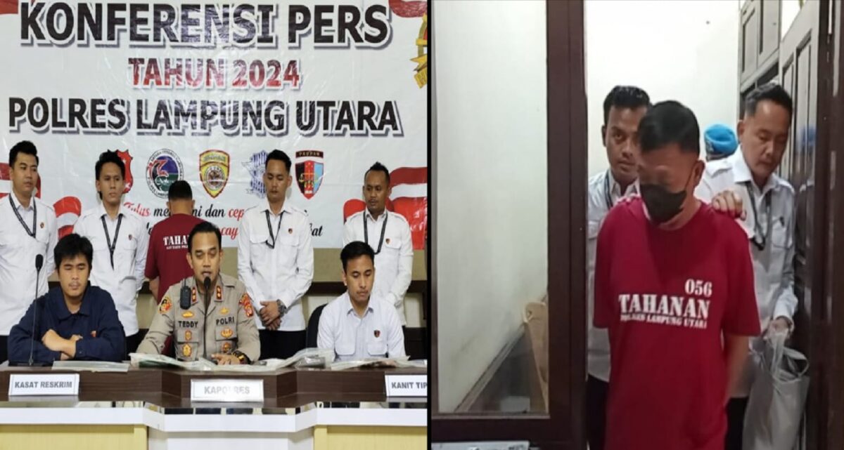 Kolase foto saat Kapolres Lampung Utara menggelar konferensi pers dan saat tersangka digiring ke sel tahanan, Kamis 8 Agustus 2024.