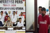 Kolase foto saat Kapolres Lampung Utara menggelar konferensi pers dan saat tersangka digiring ke sel tahanan, Kamis 8 Agustus 2024.