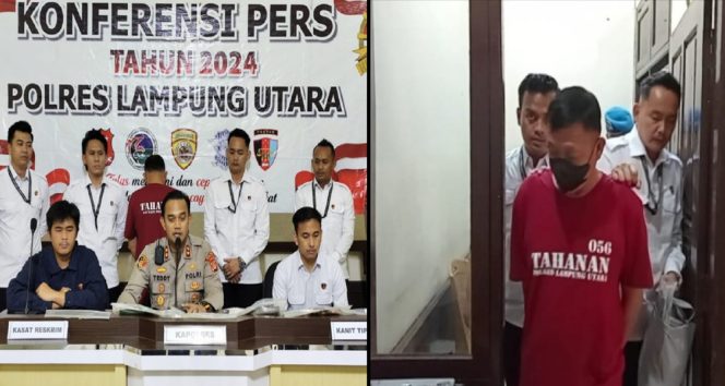 
 Kolase foto saat Kapolres Lampung Utara menggelar konferensi pers dan saat tersangka digiring ke sel tahanan, Kamis 8 Agustus 2024.