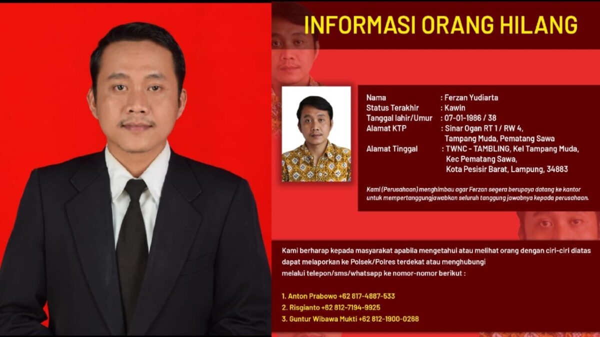 Kolase foto Ferzan Yudiarta dan informasi orang hilang diduga bermasalah dengan perusahaanya, Jumat 9 Agustus 2024.