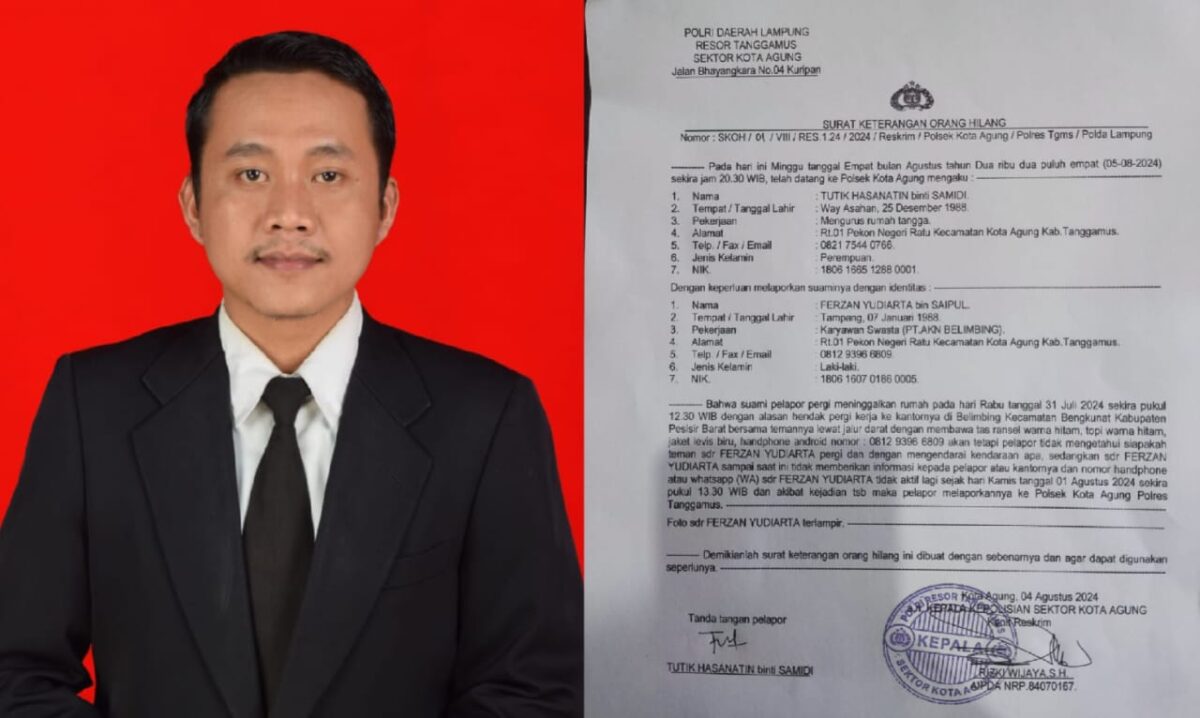 Kolase foto Ferzan Yudiarta yang dilaporkan hilang dan tanda bukti laporan Polsek Kota Agung.