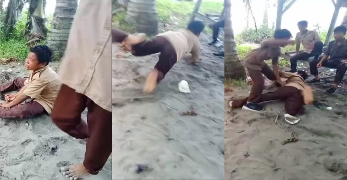 Kolase foto saat korban mengalami aksi perudungan di Kecamatan Pematang Sawa, Kabupaten Tanggamus | Video Tangkapan Layar.