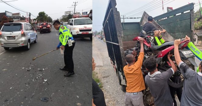 
 Kolase foto saat polisi membersihkan sisa kecelakaan dan saat evakuasi kendaraan usai kecelakaan, Senin 12 Agustus 2024 | Dok. Polres Pringsewu.