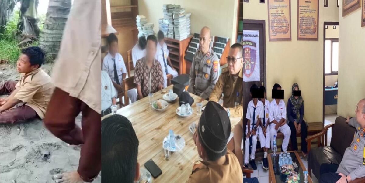 Kolase foto saat korban mendapatkan perudungan, mediasi dan saat Kapolres Tanggamus bertemu korban maupun pelaku, Senin 12 Agustus 2024.
