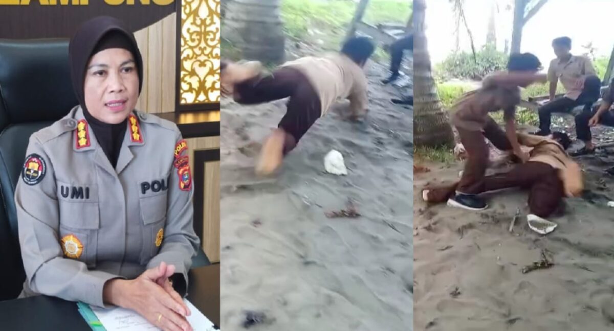 Kolase foto Kabid Humas Polda Lampung dan saat A (12) mengalami perudungan yang videonya viral di media sosial.
