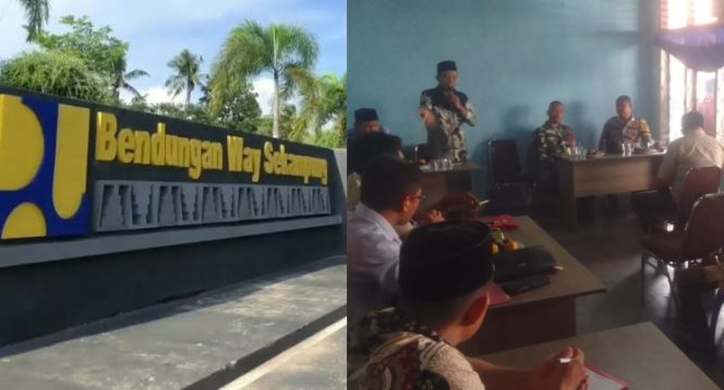 Kolase foto bendungan Way Sekampung dan saat ketegangan rembuk desa di Pekon Pamenang, Pagelaran, Pringsewu, Selasa 27 Agustus 2024.