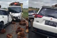 Kolase foto mobil pajero dan truk sawit saat kecelakaan di jalan BNIL Tulang Bawang, Senin 9 September 2024.