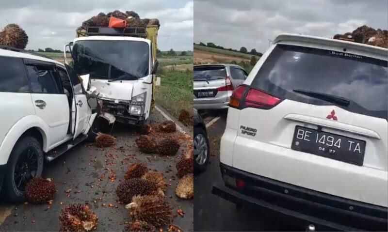 Kolase foto mobil pajero dan truk sawit saat kecelakaan di jalan BNIL Tulang Bawang, Senin 9 September 2024.