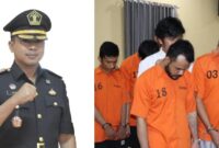 Kolase foto Karutan Kota Agung Enang Iskandi dan 4 Narapidan terlibat penipuan modus transfer palsu membeli beras yang diungkap Polres Pringsewu.
