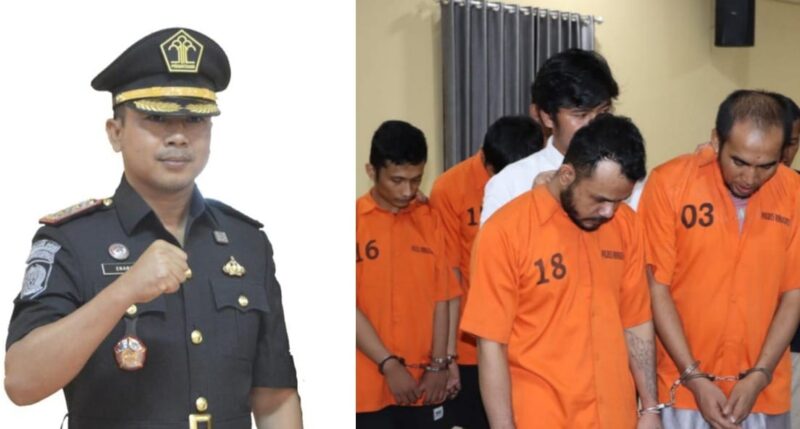 Kolase foto Karutan Kota Agung Enang Iskandi dan 4 Narapidan terlibat penipuan modus transfer palsu membeli beras yang diungkap Polres Pringsewu.