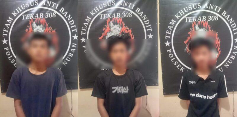 Ketiga tersangka saat diamankan di Polsek Bumi Ratu Nuban, Lampung Tengah, Sabtu 14 September 2024.