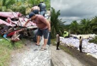 Kolase foto mobil minibus yang ringsek dan truk terguling dengan ikan yang berceceran paska kecelakaan di Lemong, Pesisir Barat, Lampung, Sabtu 14 September 2024.