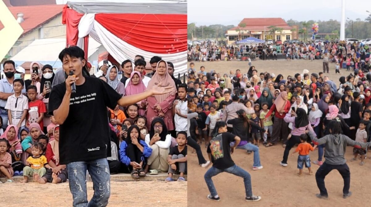Kolase foto saat Yono Mulet membawakan lagu kesayanganya dan saat melakukan tarian cakilan pada festival kuda kepang Polres Pringsewu, Sabtu 14 September 2024.