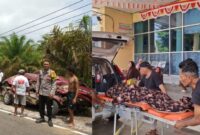 Kolase foto saat polisi melakukan identifikasi kecelakaan dan saat evakuasi korban meninggal dunia paska kecelakaan di Pesisir Barat, Lampung, Sabtu 14 September 2024.