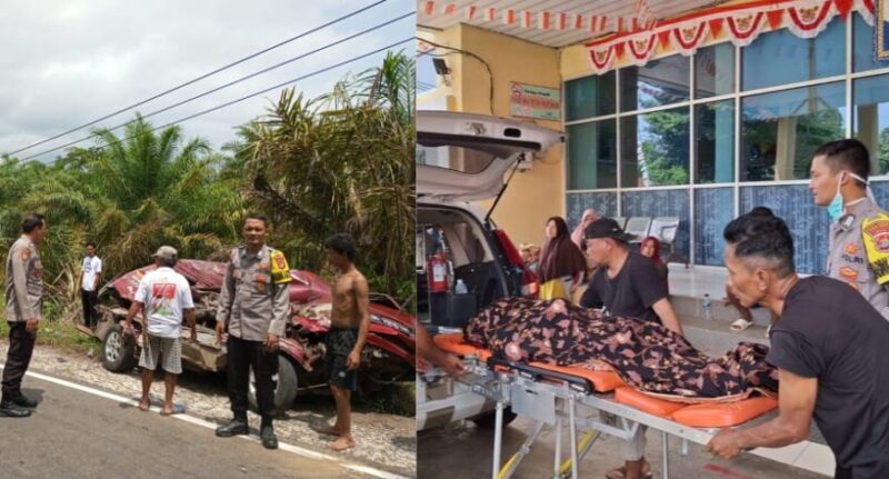 Kolase foto saat polisi melakukan identifikasi kecelakaan dan saat evakuasi korban meninggal dunia paska kecelakaan di Pesisir Barat, Lampung, Sabtu 14 September 2024.
