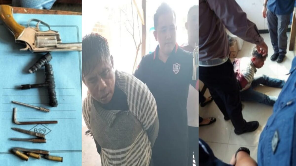 Kolase foto barang bukti senpi rakitan, alat kejahatan dan tersangka saat diamankan polisi serta saat diamuk massa, Sabtu 14 September 2024.