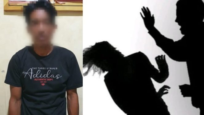Tersangka FN saat diamankan di Polsek Way Jepara (Kiri) dan ilustrasi penganiayaan terhadap istri (Kanan).
