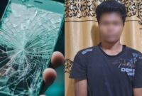 Ilustrasi layat hp pecah dan tersangka HS yang ditangkap Polres Tulang Bawang.