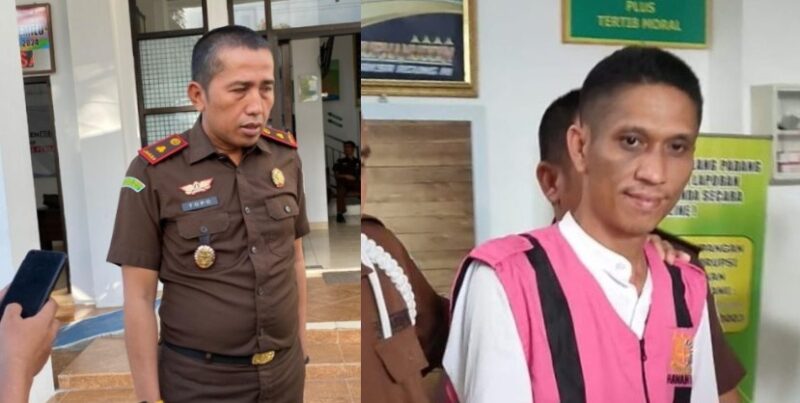 (Kiri) Kacabjari Talang Padang Topo Dawawulan saat memberikan keterangan kepada awak media. (Kanan) saat  Fitra Yunistiawan, tersangka atas dugaan Tipikor dana desa (DD) tahun anggaran 2020 saat digelandang petugas Rabu 18 September 2024, lalu.